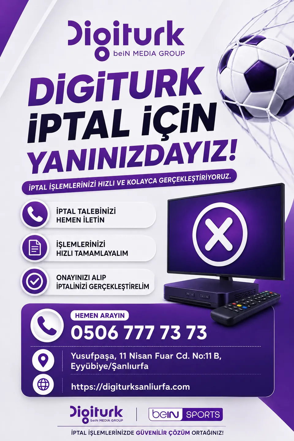 Şanlıurfa Digiturk iptal işlemleri reklam görseli, hızlı üyelik iptali ve müşteri destek hizmeti tanıtımı.