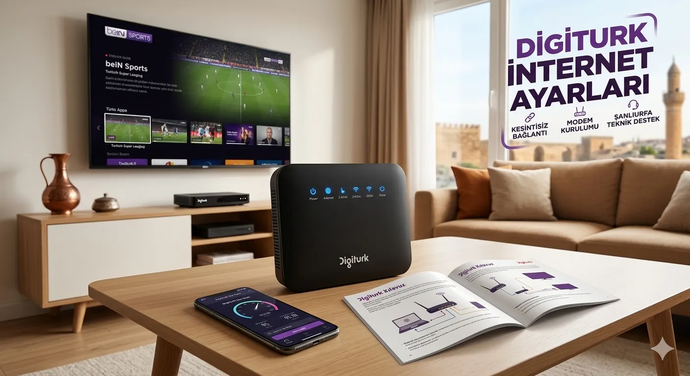 Digiturk modem ve internet ayarları rehberi görseli: Sehpa üzerinde Digiturk modemi, kurulum kılavuzu ve arka planda TV'de beIN SPORTS yayını.